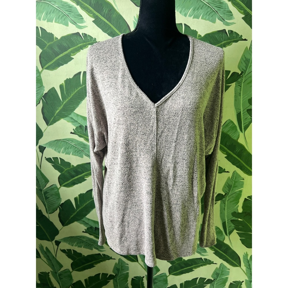 Green Envelope V-Neck Knit Top Women Large Taupe